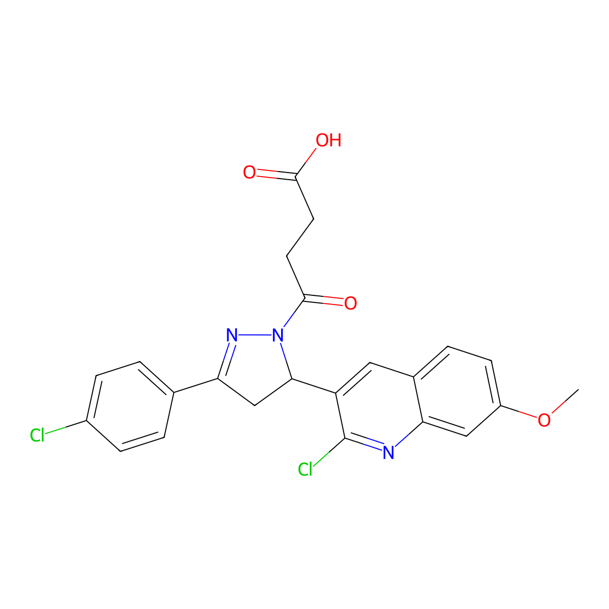4-(5-(2-chloro-7-methoxyquinolin-3-yl)-3-(4-chlorophenyl)-4,5-dihydro-1H-pyrazol-1-yl)-4-oxobutanoic acid molecular structure, CAS 442649-45-8