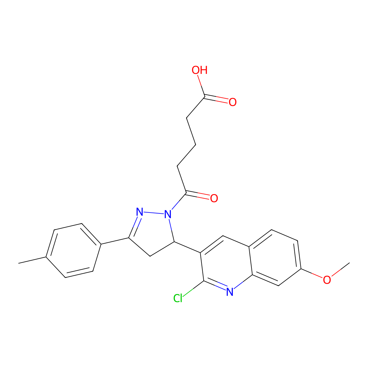 5-(5-(2-chloro-7-methoxyquinolin-3-yl)-3-(p-tolyl)-4,5-dihydro-1H-pyrazol-1-yl)-5-oxopentanoic acid molecular structure, CAS 442649-47-0