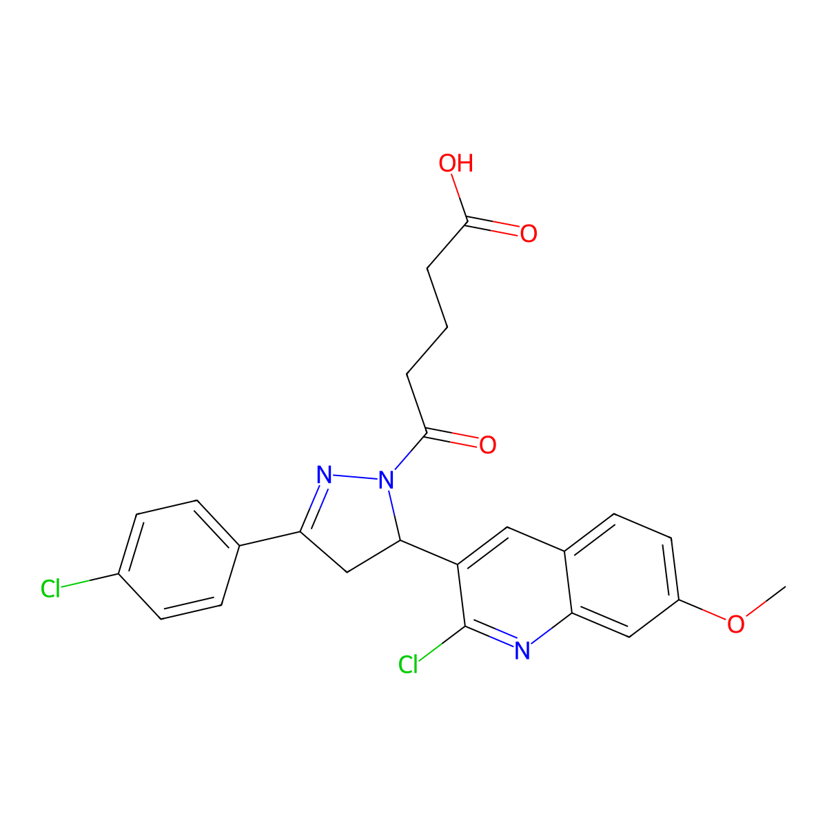 5-(5-(2-chloro-7-methoxyquinolin-3-yl)-3-(4-chlorophenyl)-4,5-dihydro-1H-pyrazol-1-yl)-5-oxopentanoic acid molecular structure, CAS 442649-49-2