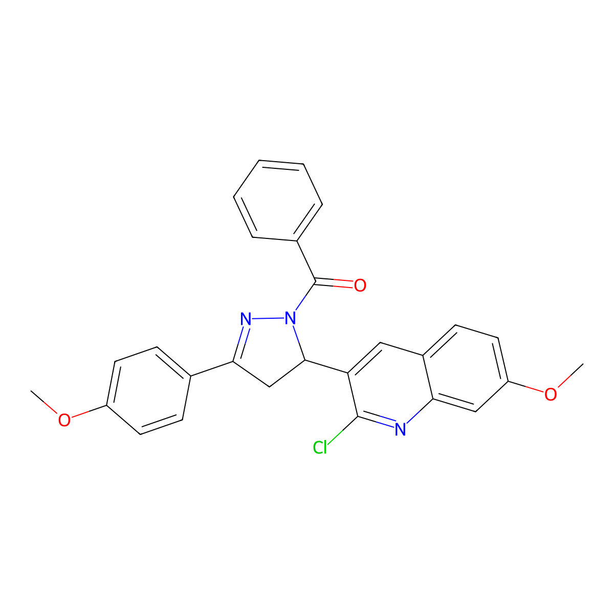 (5-(2-chloro-7-methoxyquinolin-3-yl)-3-(4-methoxyphenyl)-4,5-dihydro-1H-pyrazol-1-yl)(phenyl)methanone molecular structure, CAS 442649-55-0