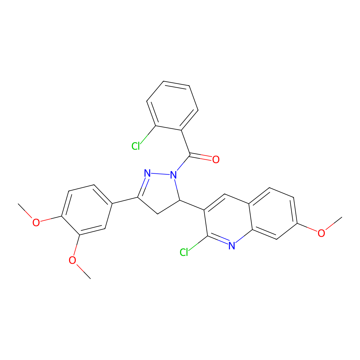 2-chloro-3-[1-(2-chlorobenzoyl)-3-(3,4-dimethoxyphenyl)-4,5-dihydro-1H-pyrazol-5-yl]-7-methoxyquinoline molecular structure, CAS 442649-62-9