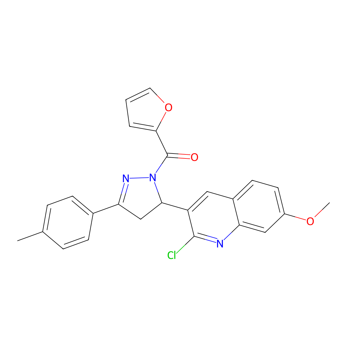 (5-(2-chloro-7-methoxyquinolin-3-yl)-3-(p-tolyl)-4,5-dihydro-1H-pyrazol-1-yl)(furan-2-yl)methanone molecular structure, CAS 442649-64-1