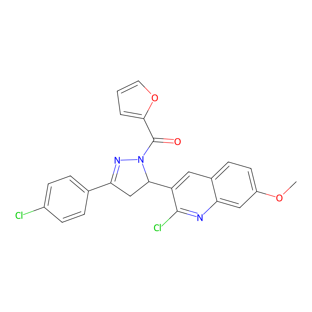 (5-(2-chloro-7-methoxyquinolin-3-yl)-3-(4-chlorophenyl)-4,5-dihydro-1H-pyrazol-1-yl)(furan-2-yl)methanone molecular structure, CAS 442649-66-3