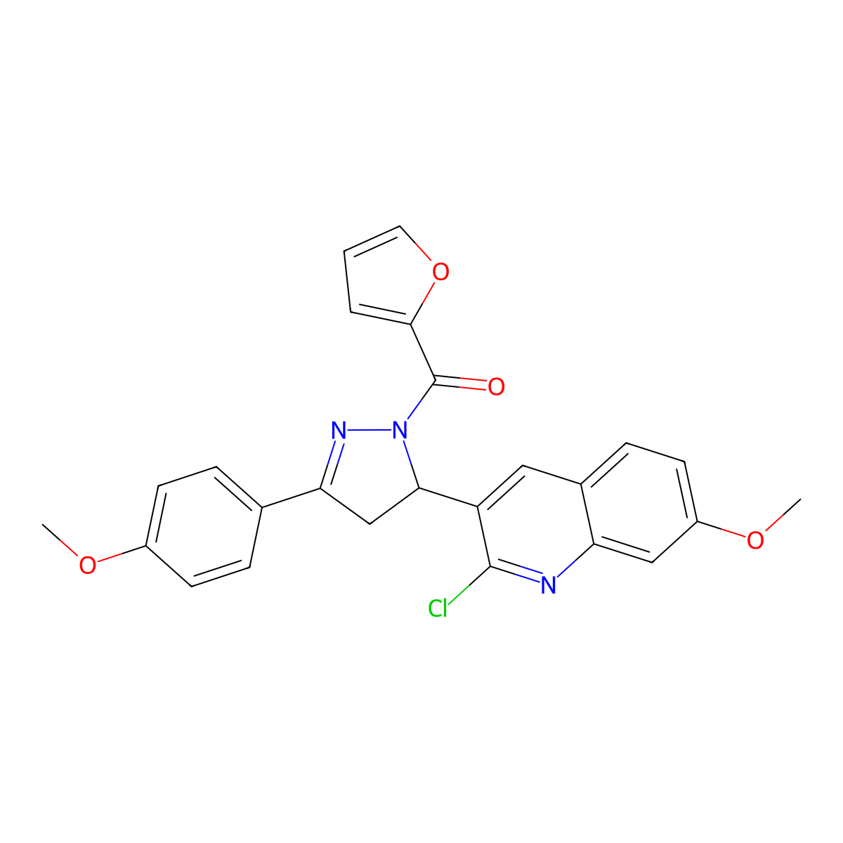 (5-(2-chloro-7-methoxyquinolin-3-yl)-3-(4-methoxyphenyl)-4,5-dihydro-1H-pyrazol-1-yl)(furan-2-yl)methanone molecular structure, CAS 442649-68-5