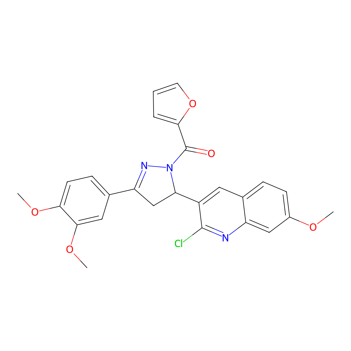 [3-(2-Chloro-7-methoxyquinolin-3-yl)-5-(3,4-dimethoxyphenyl)-3,4-dihydropyrazol-2-yl]-(furan-2-yl)methanone molecular structure, CAS 442649-69-6