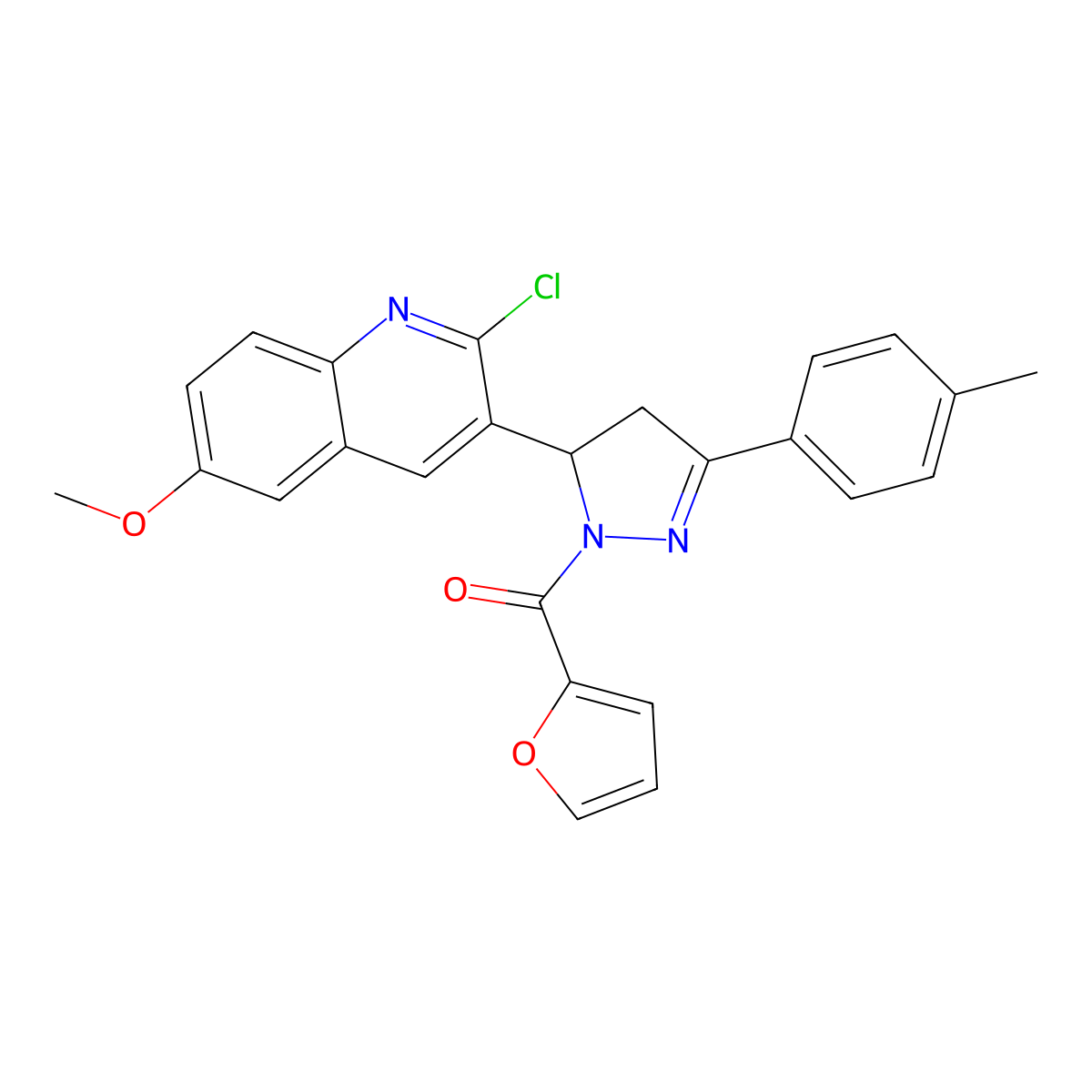 (5-(2-chloro-6-methoxyquinolin-3-yl)-3-(p-tolyl)-4,5-dihydro-1H-pyrazol-1-yl)(furan-2-yl)methanone molecular structure, CAS 442649-70-9
