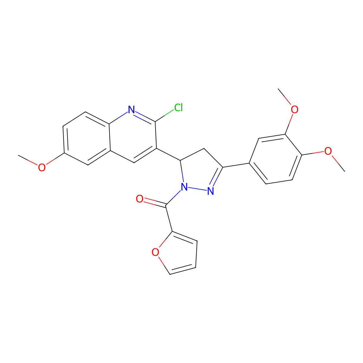 (5-(2-chloro-6-methoxyquinolin-3-yl)-3-(3,4-dimethoxyphenyl)-4,5-dihydro-1H-pyrazol-1-yl)(furan-2-yl)methanone molecular structure, CAS 442649-72-1