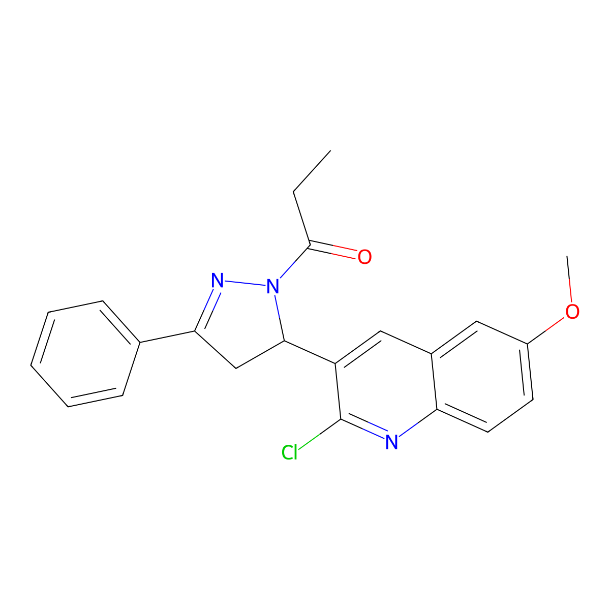 1-[5-(2-chloro-6-methoxyquinolin-3-yl)-3-phenyl-4,5-dihydro-1H-pyrazol-1-yl]propan-1-one molecular structure, CAS 442649-75-4