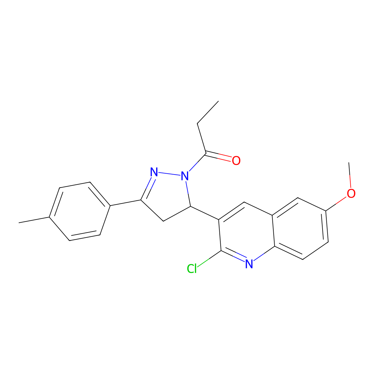 1-(5-(2-chloro-6-methoxyquinolin-3-yl)-3-(p-tolyl)-4,5-dihydro-1H-pyrazol-1-yl)propan-1-one molecular structure, CAS 442649-76-5
