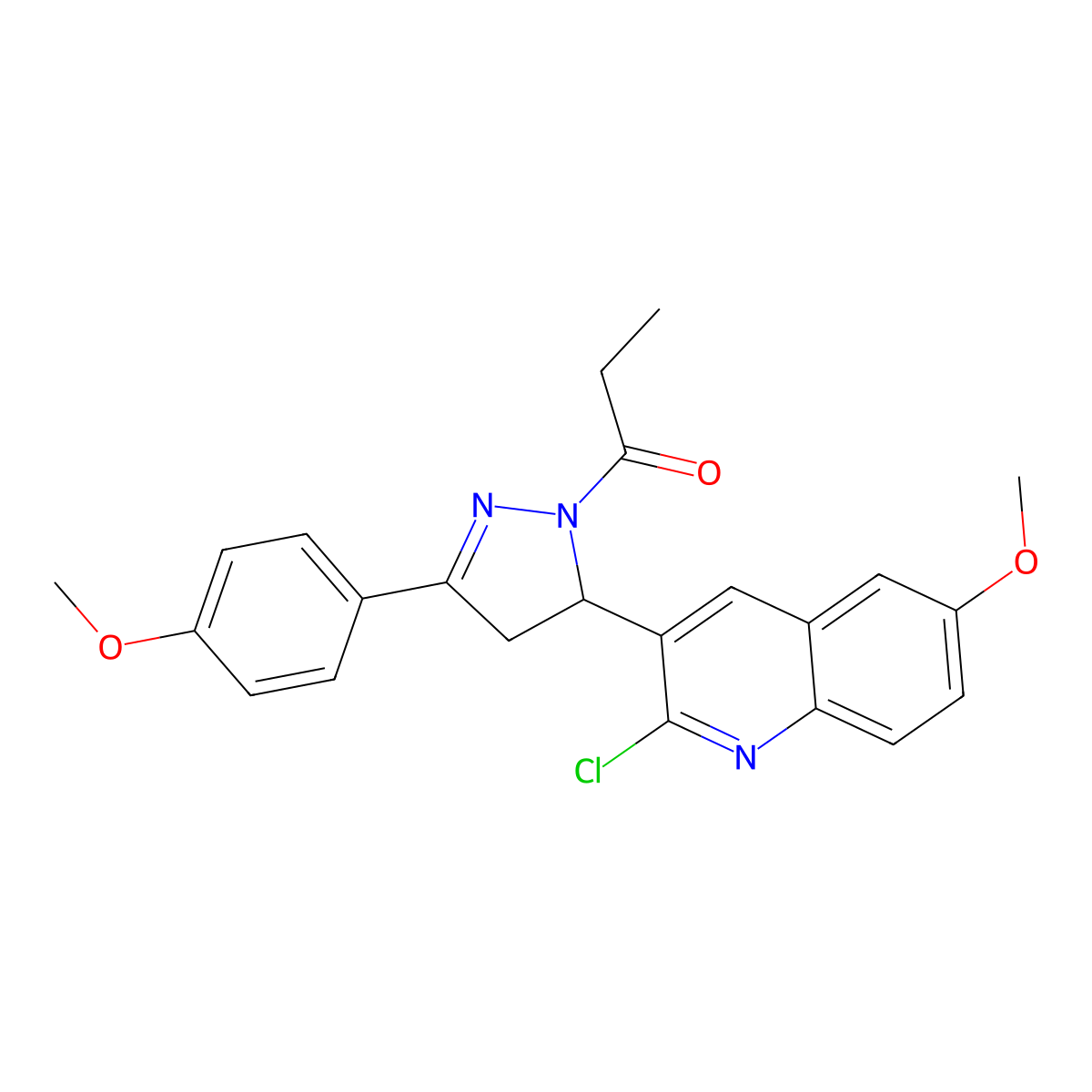 1-(5-(2-chloro-6-methoxyquinolin-3-yl)-3-(4-methoxyphenyl)-4,5-dihydro-1H-pyrazol-1-yl)propan-1-one molecular structure, CAS 442649-77-6