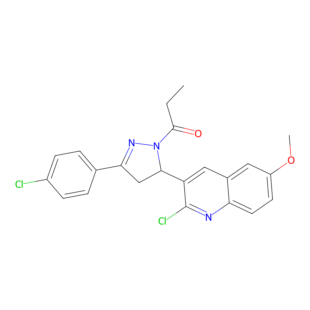 1-(5-(2-chloro-6-methoxyquinolin-3-yl)-3-(4-chlorophenyl)-4,5-dihydro-1H-pyrazol-1-yl)propan-1-one molecular structure, CAS 442649-78-7