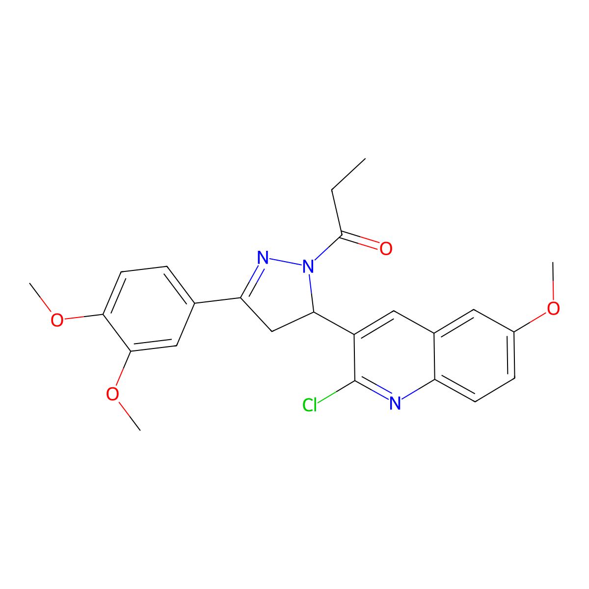 1-[5-(2-chloro-6-methoxyquinolin-3-yl)-3-(3,4-dimethoxyphenyl)-4,5-dihydro-1H-pyrazol-1-yl]propan-1-one molecular structure, CAS 442649-79-8