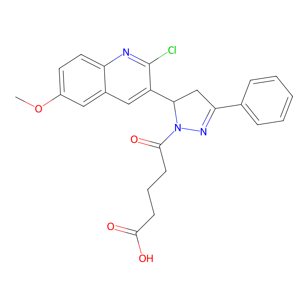 5-[5-(2-chloro-6-methoxyquinolin-3-yl)-3-phenyl-4,5-dihydro-1H-pyrazol-1-yl]-5-oxopentanoic acid molecular structure, CAS 442649-80-1