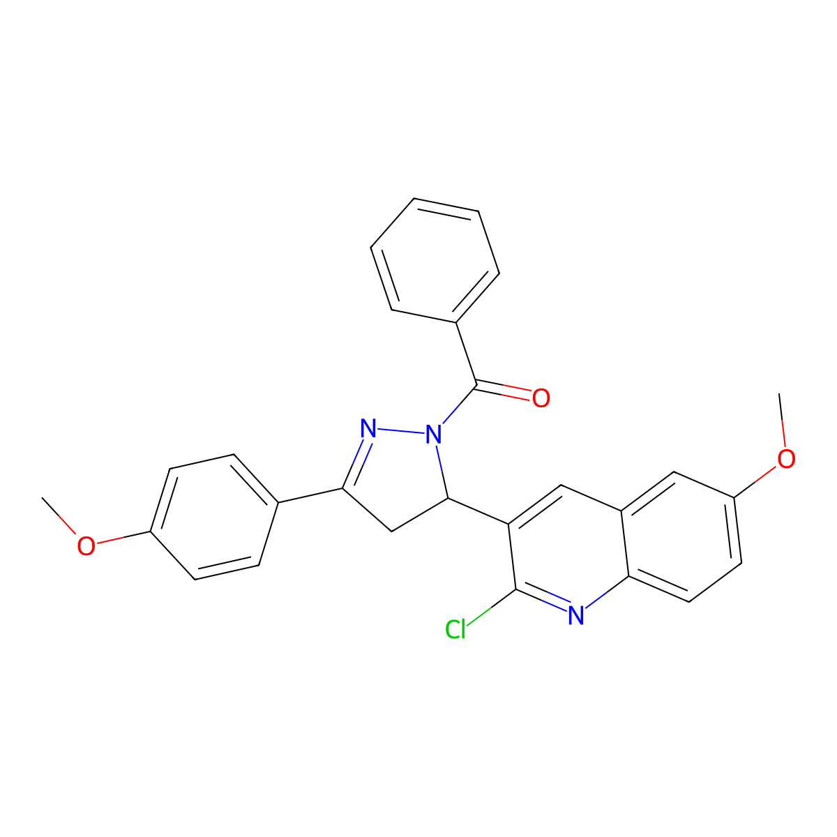 (5-(2-chloro-6-methoxyquinolin-3-yl)-3-(4-methoxyphenyl)-4,5-dihydro-1H-pyrazol-1-yl)(phenyl)methanone molecular structure, CAS 442649-86-7