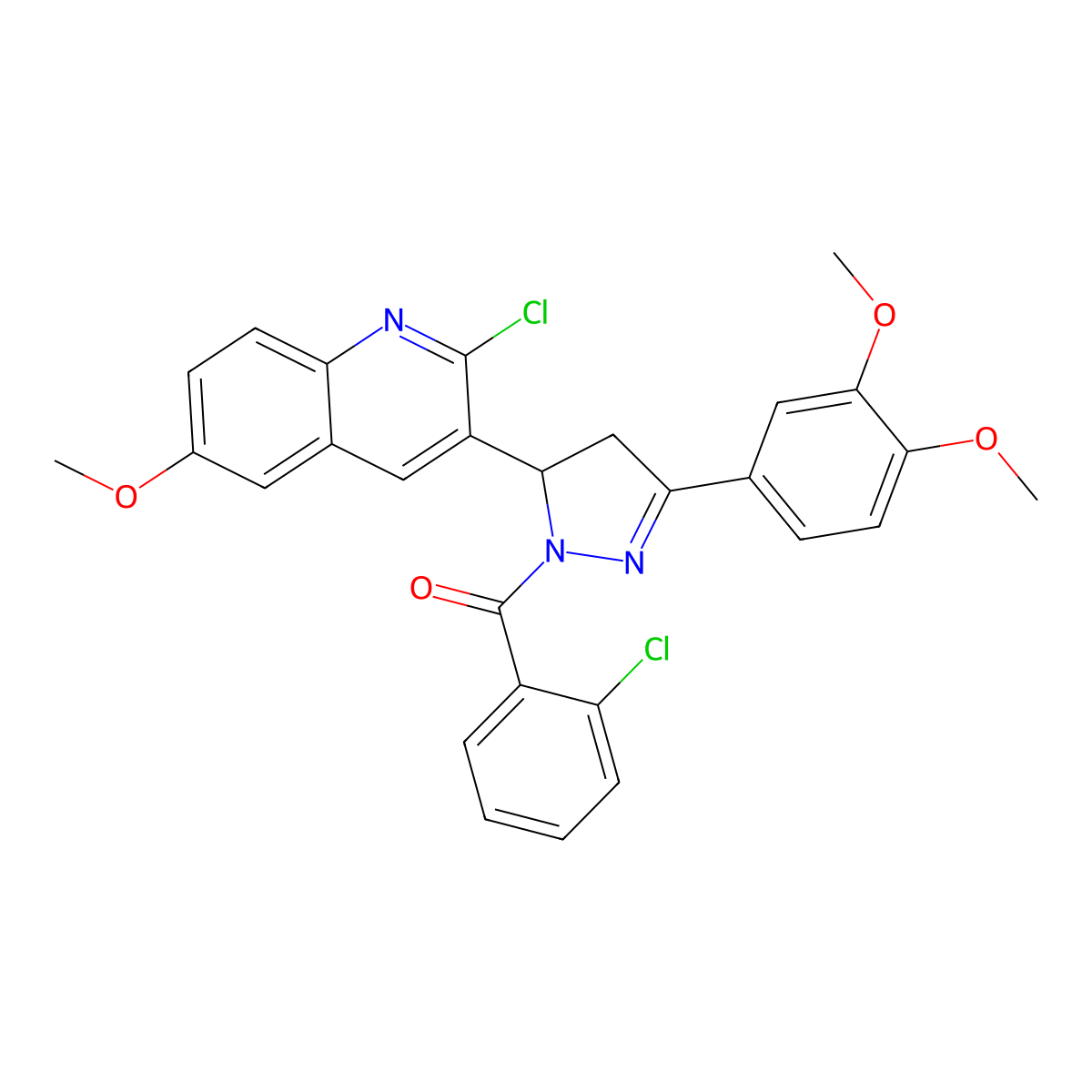 (5-(2-chloro-6-methoxyquinolin-3-yl)-3-(3,4-dimethoxyphenyl)-4,5-dihydro-1H-pyrazol-1-yl)(2-chlorophenyl)methanone molecular structure, CAS 442649-88-9