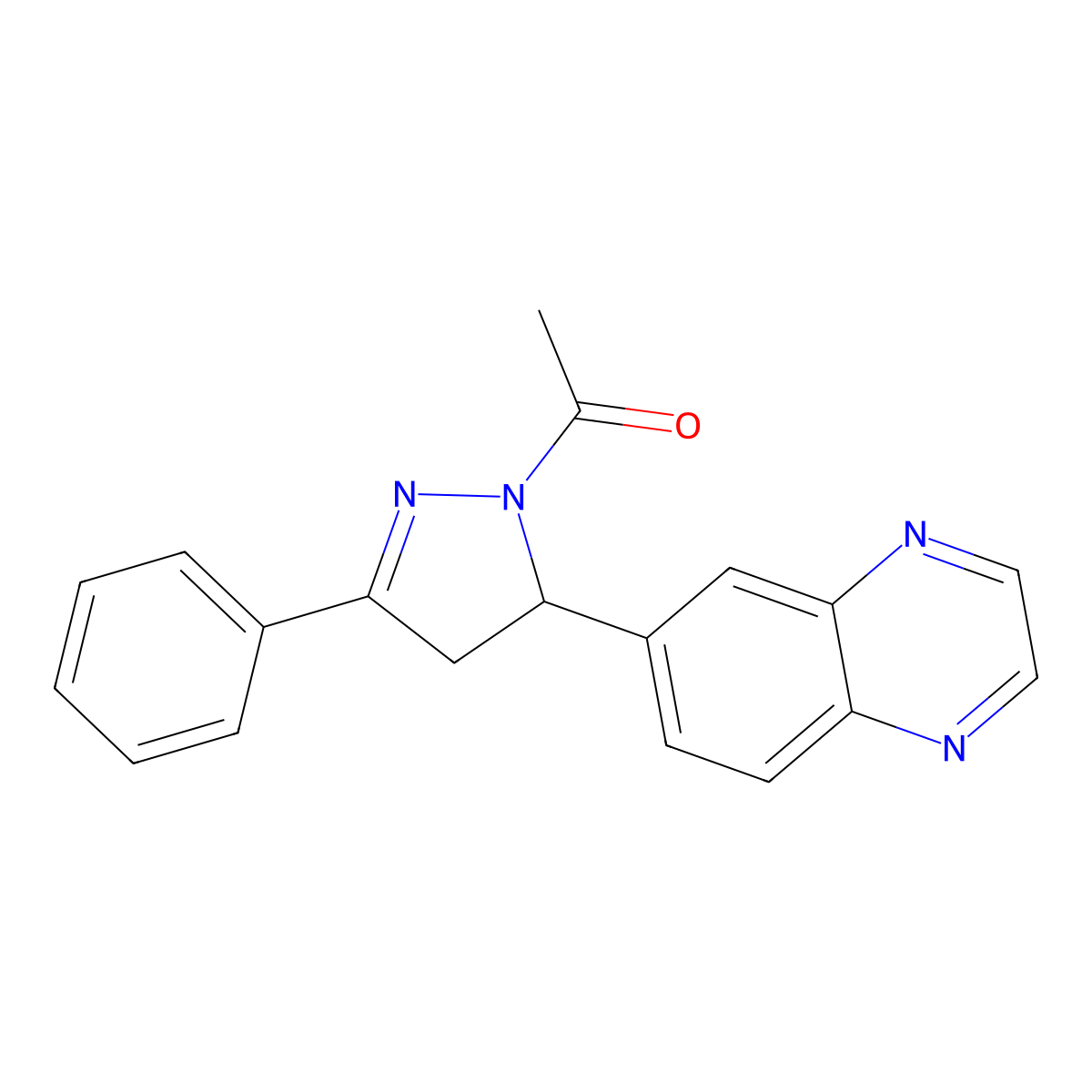 1-(3-phenyl-5-(quinoxalin-6-yl)-4,5-dihydro-1H-pyrazol-1-yl)ethanone molecular structure, CAS 442649-89-0