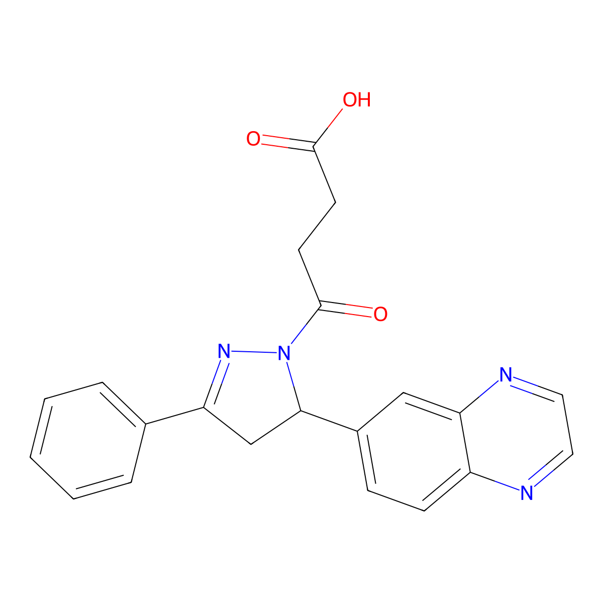 4-Oxo-4-(5-phenyl-3-quinoxalin-6-yl-3,4-dihydropyrazol-2-yl)butanoic acid molecular structure, CAS 442649-90-3