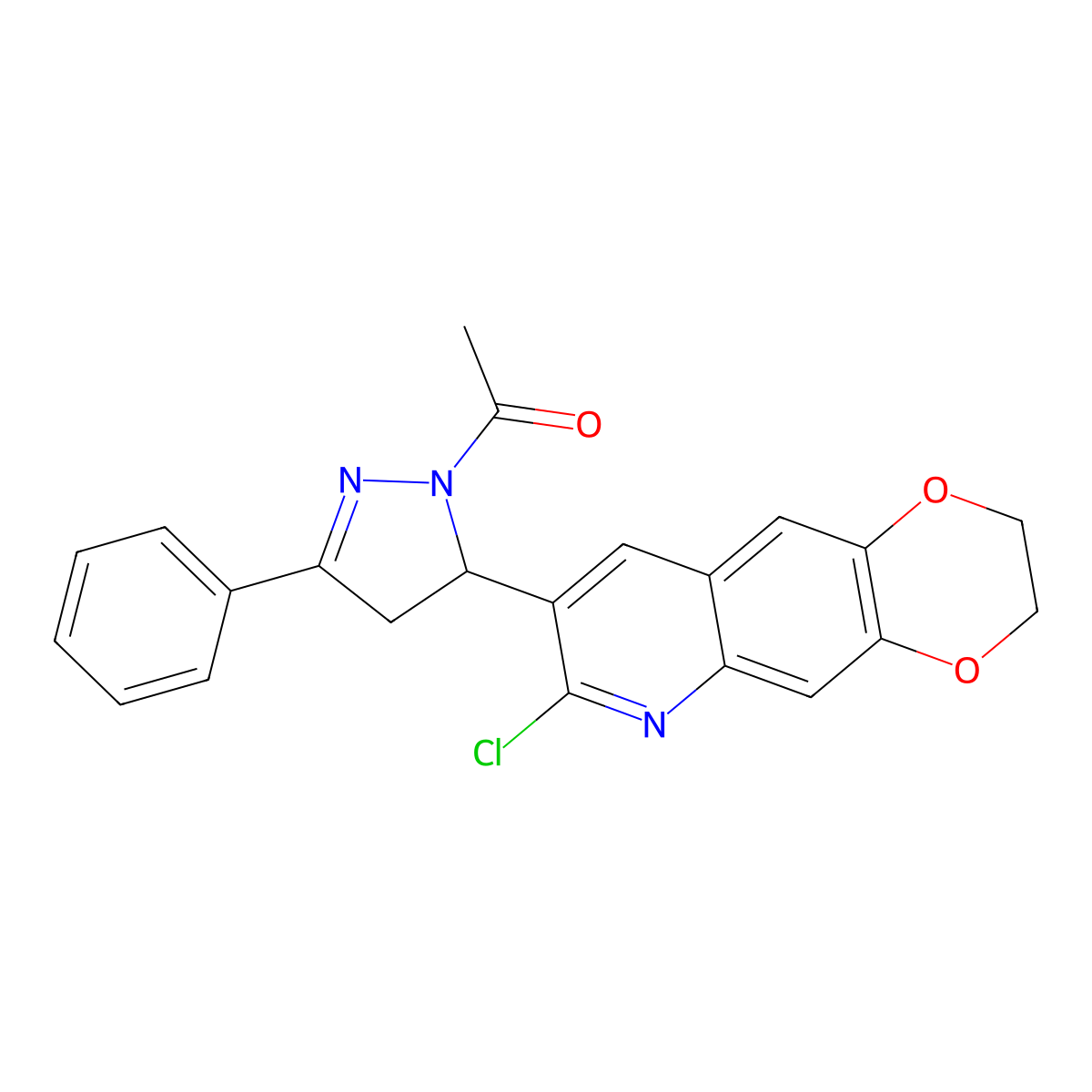 1-(5-(7-chloro-2,3-dihydro-[1,4]dioxino[2,3-g]quinolin-8-yl)-3-phenyl-4,5-dihydro-1H-pyrazol-1-yl)ethanone molecular structure, CAS 442649-93-6