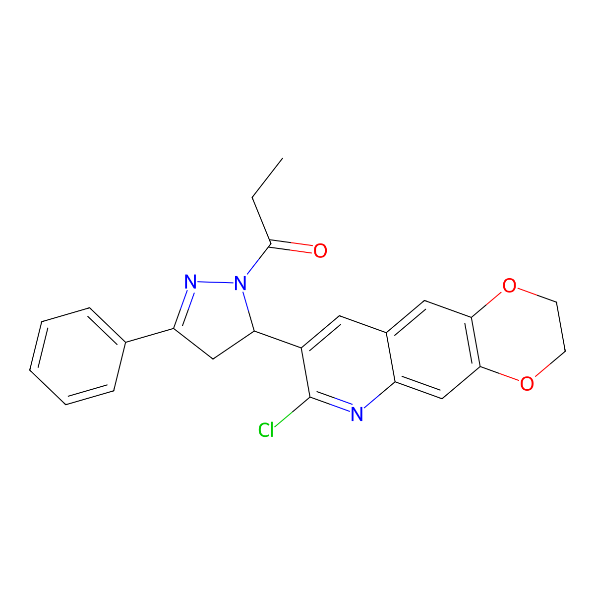 1-(5-(7-chloro-2,3-dihydro-[1,4]dioxino[2,3-g]quinolin-8-yl)-3-phenyl-4,5-dihydro-1H-pyrazol-1-yl)propan-1-one molecular structure, CAS 442649-95-8