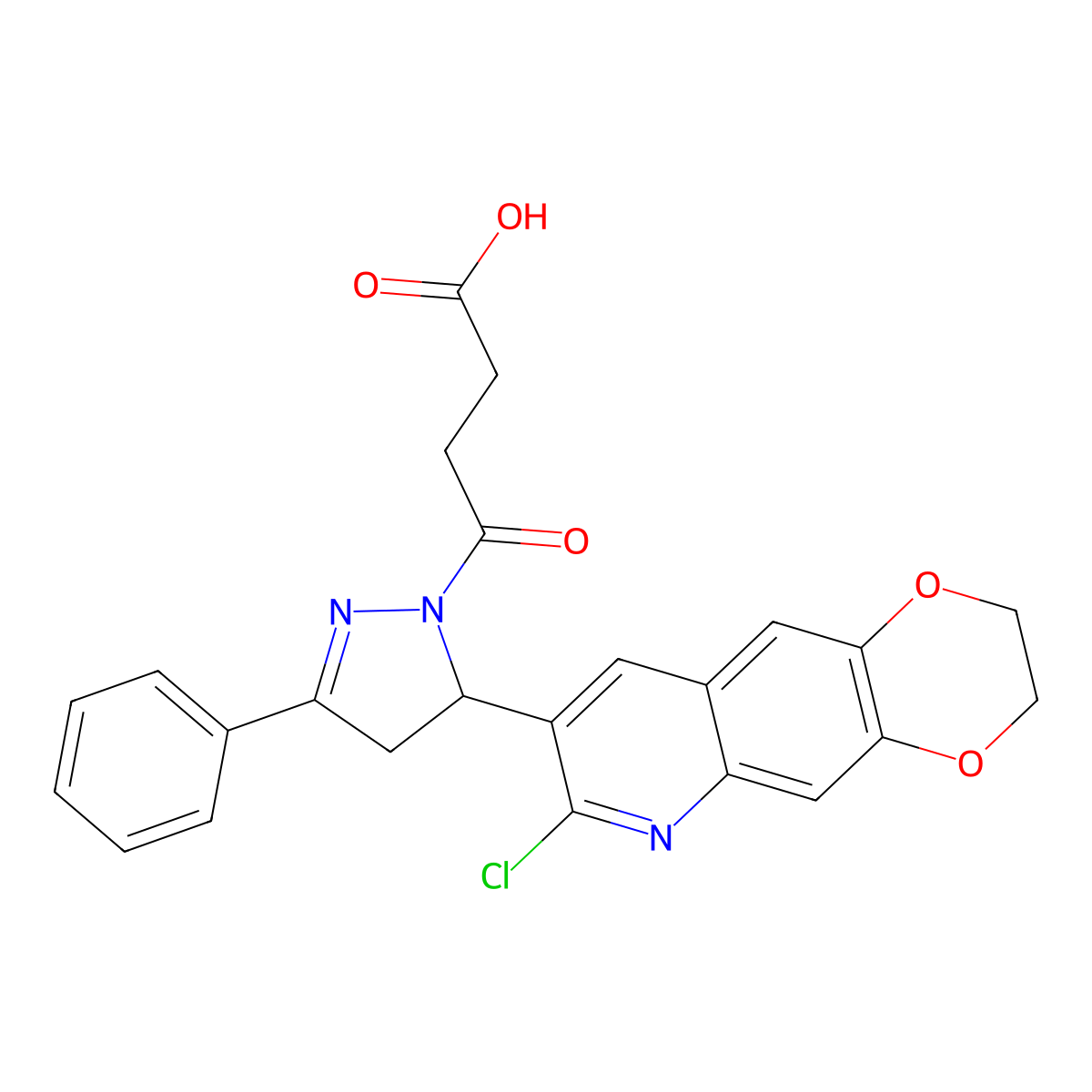 4-[5-(7-chloro-2,3-dihydro[1,4]dioxino[2,3-g]quinolin-8-yl)-3-phenyl-4,5-dihydro-1H-pyrazol-1-yl]-4-oxobutanoic acid molecular structure, CAS 442649-96-9