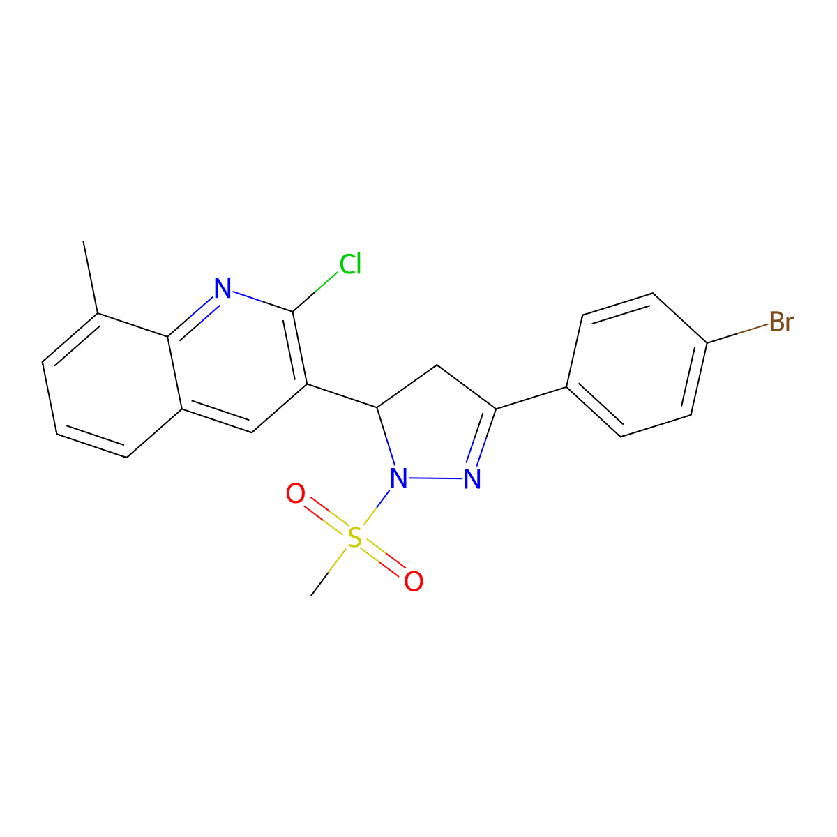 3-(3-(4-bromophenyl)-1-(methylsulfonyl)-4,5-dihydro-1H-pyrazol-5-yl)-2-chloro-8-methylquinoline molecular structure, CAS 442649-97-0