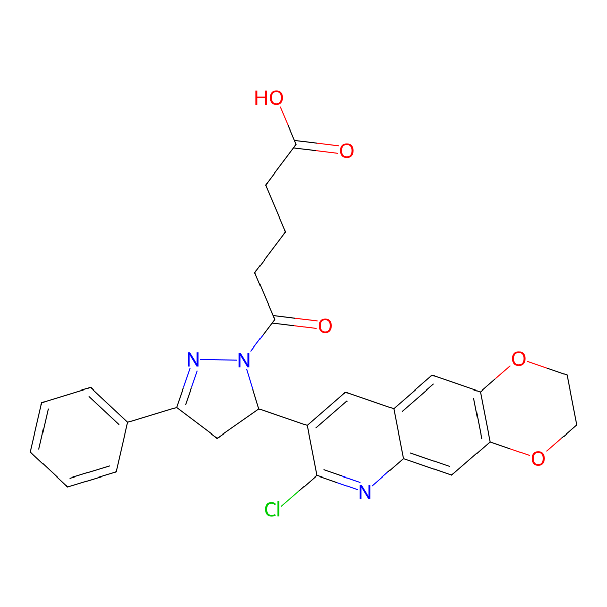 5-(5-(7-chloro-2,3-dihydro-[1,4]dioxino[2,3-g]quinolin-8-yl)-3-phenyl-4,5-dihydro-1H-pyrazol-1-yl)-5-oxopentanoic acid molecular structure, CAS 442649-98-1