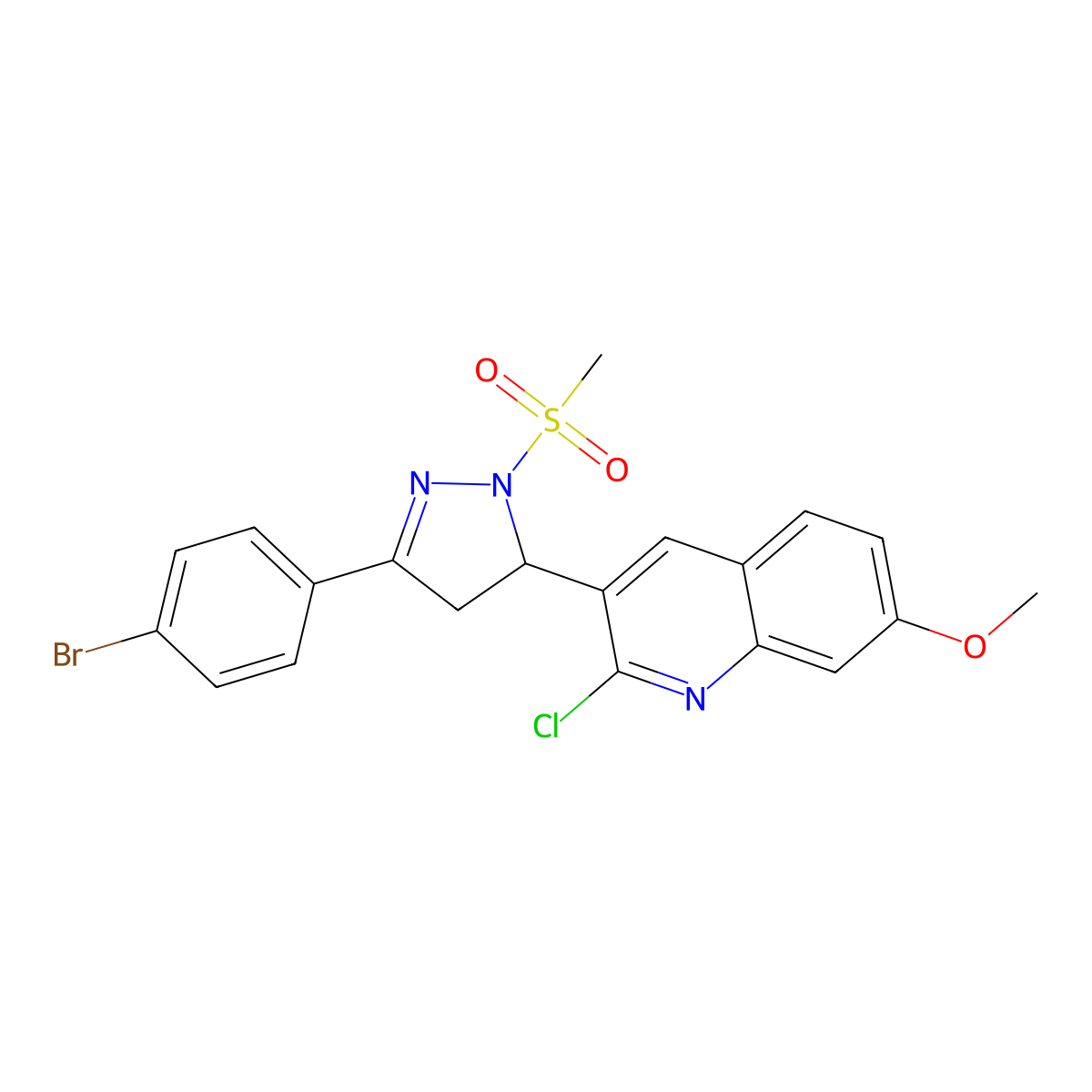 3-[5-(4-Bromophenyl)-2-methylsulfonyl-3,4-dihydropyrazol-3-yl]-2-chloro-7-methoxyquinoline molecular structure, CAS 442649-99-2