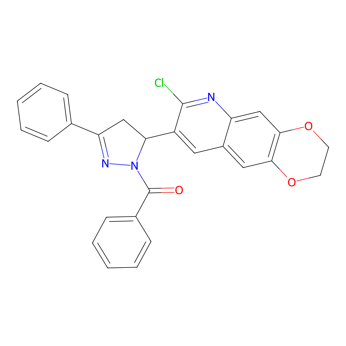 1-benzoyl-5-{7-chloro-2H,3H-[1,4]dioxino[2,3-g]quinolin-8-yl}-3-phenyl-4,5-dihydro-1H-pyrazole molecular structure, CAS 442650-00-2