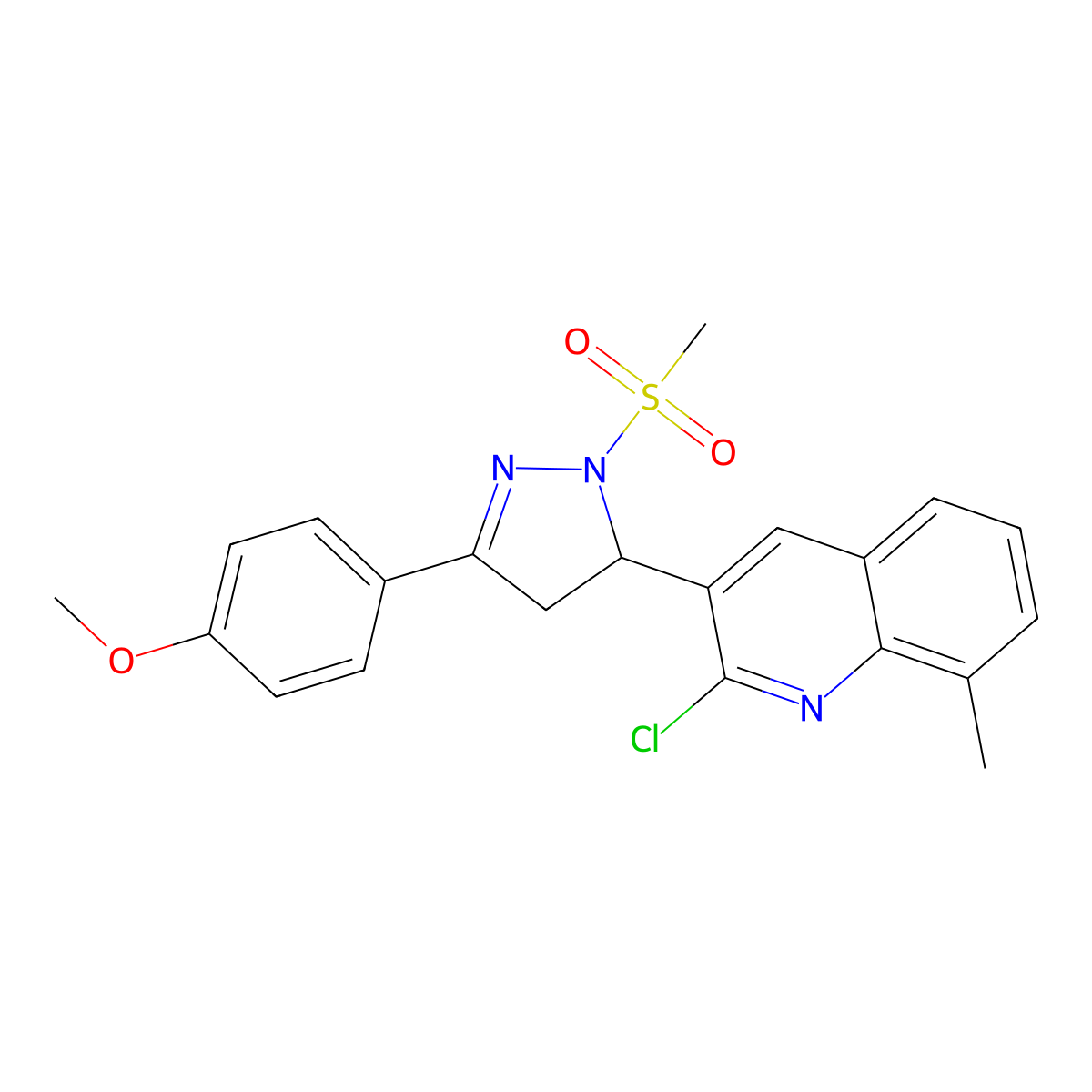 2-chloro-3-(3-(4-methoxyphenyl)-1-(methylsulfonyl)-4,5-dihydro-1H-pyrazol-5-yl)-8-methylquinoline molecular structure, CAS 442650-01-3