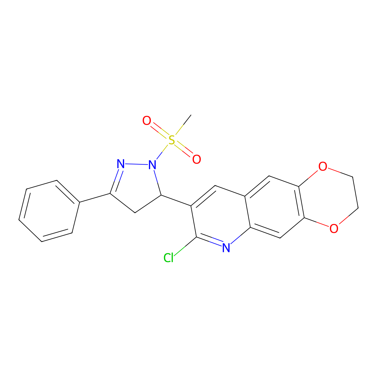 7-chloro-8-(1-(methylsulfonyl)-3-phenyl-4,5-dihydro-1H-pyrazol-5-yl)-2,3-dihydro-[1,4]dioxino[2,3-g]quinoline molecular structure, CAS 442650-02-4