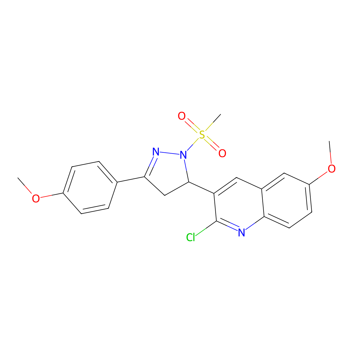 2-chloro-6-methoxy-3-(3-(4-methoxyphenyl)-1-(methylsulfonyl)-4,5-dihydro-1H-pyrazol-5-yl)quinoline molecular structure, CAS 442650-03-5