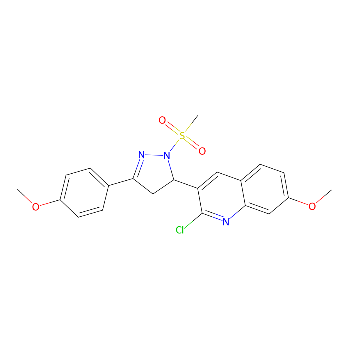 2-chloro-7-methoxy-3-(3-(4-methoxyphenyl)-1-(methylsulfonyl)-4,5-dihydro-1H-pyrazol-5-yl)quinoline molecular structure, CAS 442650-05-7