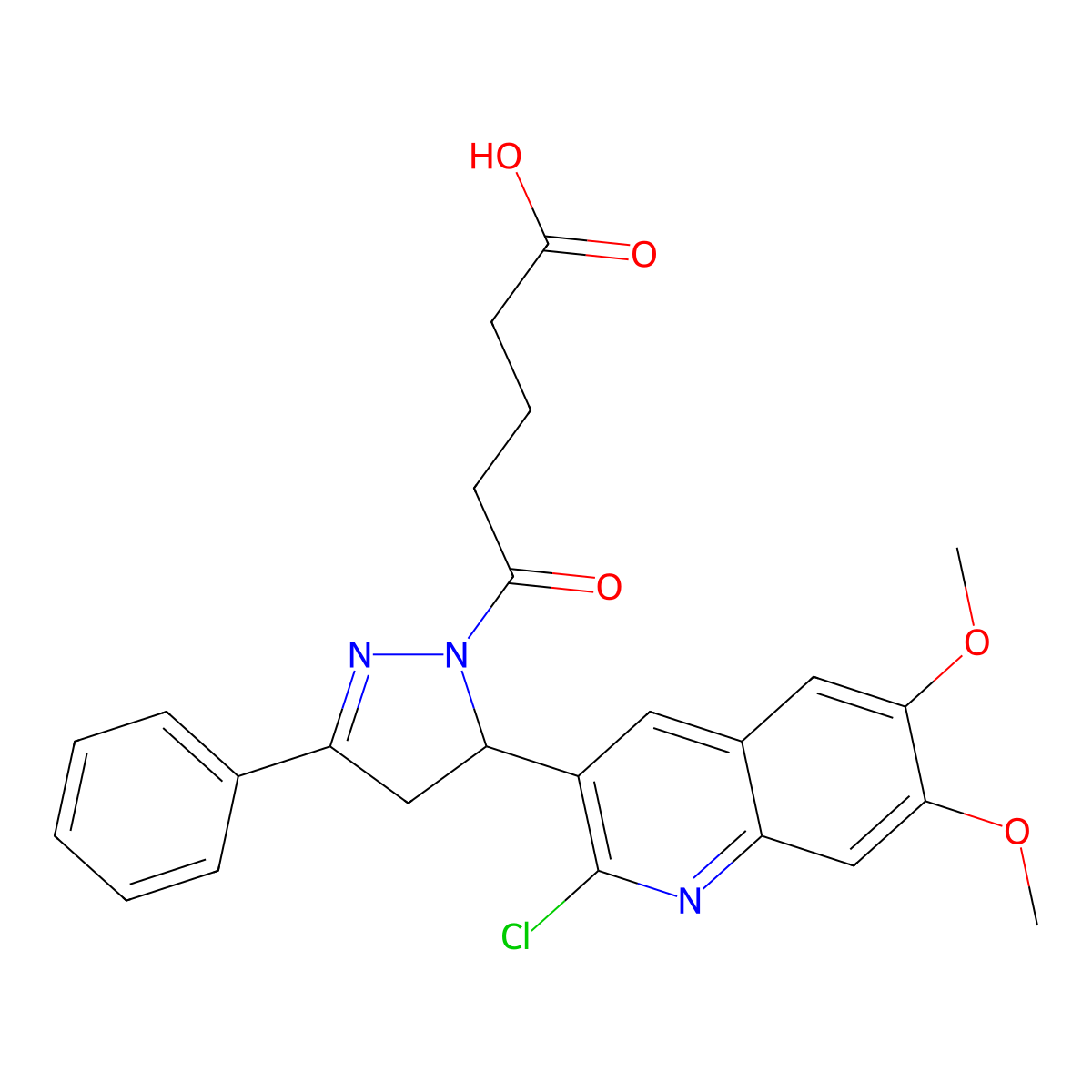 5-[5-(2-chloro-6,7-dimethoxyquinolin-3-yl)-3-phenyl-4,5-dihydro-1H-pyrazol-1-yl]-5-oxopentanoic acid molecular structure, CAS 442650-08-0