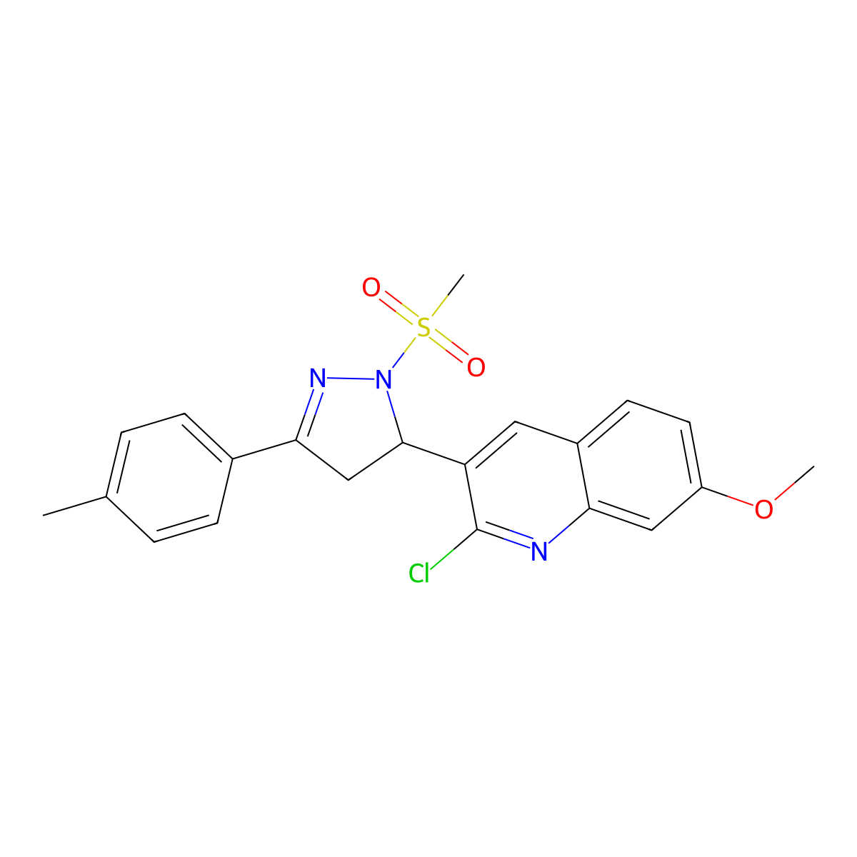 2-chloro-7-methoxy-3-(1-(methylsulfonyl)-3-(p-tolyl)-4,5-dihydro-1H-pyrazol-5-yl)quinoline molecular structure, CAS 442650-11-5
