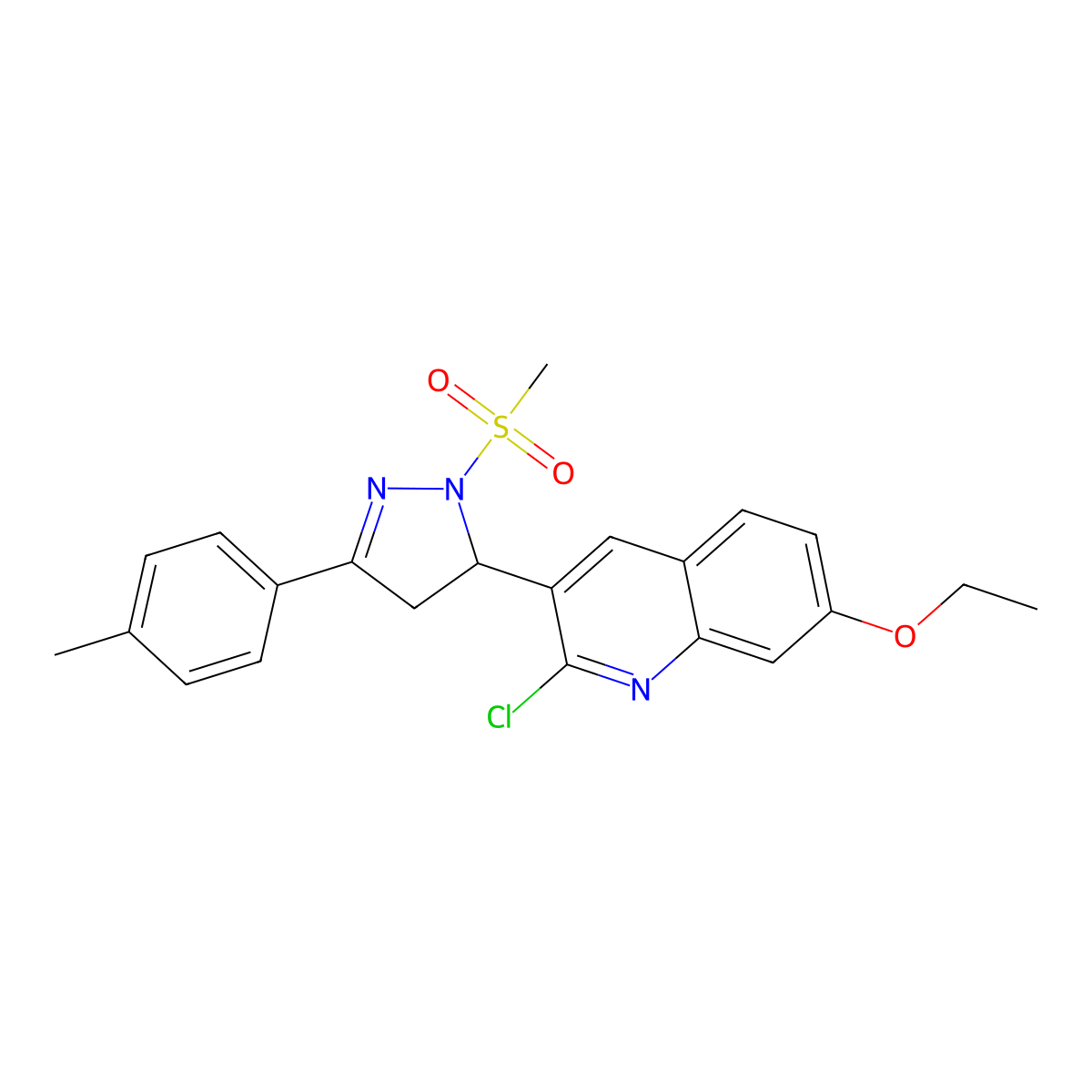 2-chloro-7-ethoxy-3-(1-(methylsulfonyl)-3-(p-tolyl)-4,5-dihydro-1H-pyrazol-5-yl)quinoline molecular structure, CAS 442650-13-7