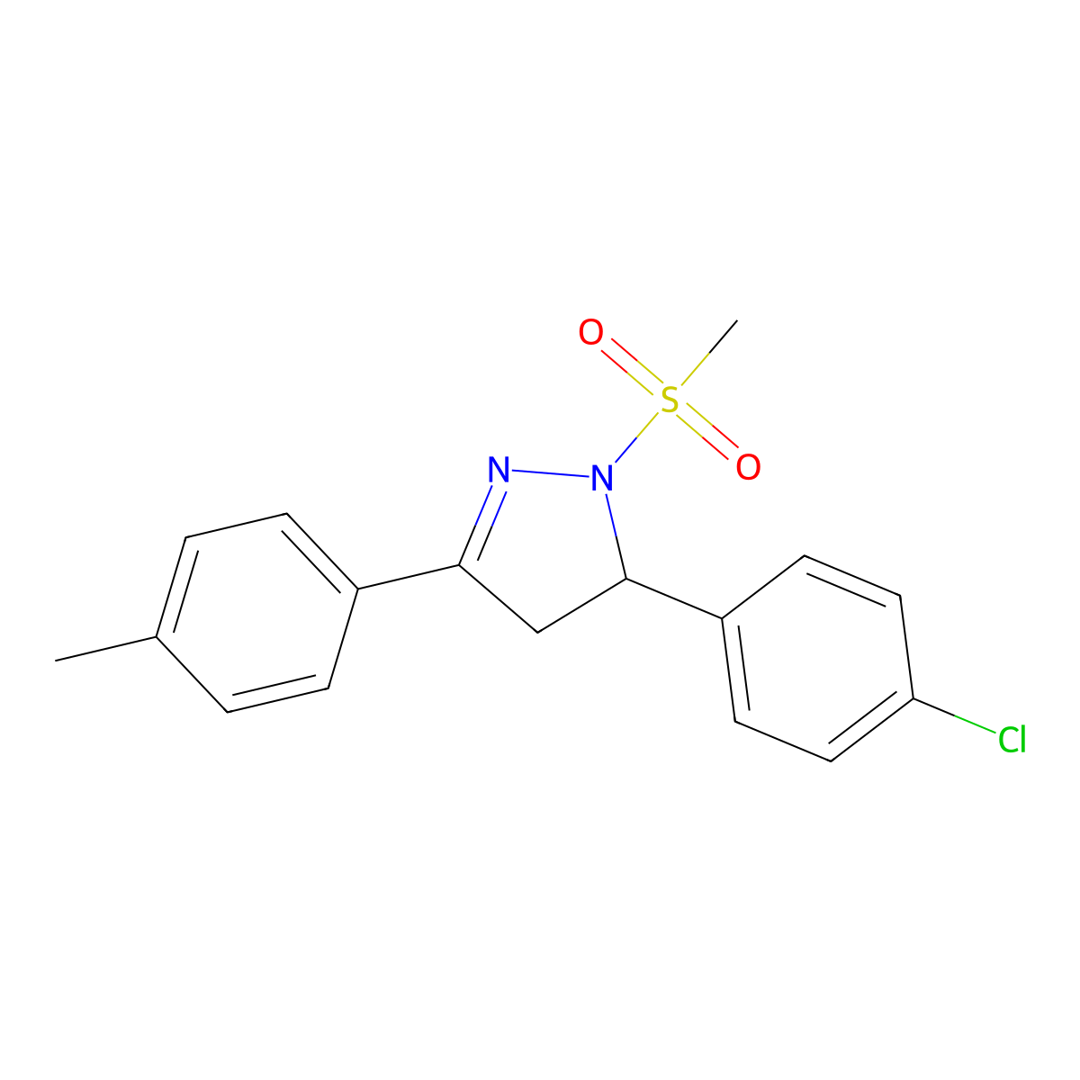 5-(4-chlorophenyl)-1-(methylsulfonyl)-3-(p-tolyl)-4,5-dihydro-1H-pyrazole molecular structure, CAS 442650-18-2