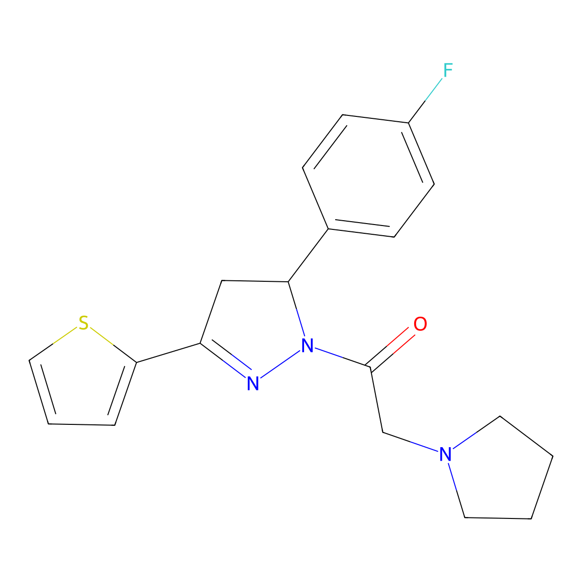 1-[3-(4-Fluorophenyl)-5-thiophen-2-yl-3,4-dihydropyrazol-2-yl]-2-pyrrolidin-1-ylethanone molecular structure, CAS 442650-21-7