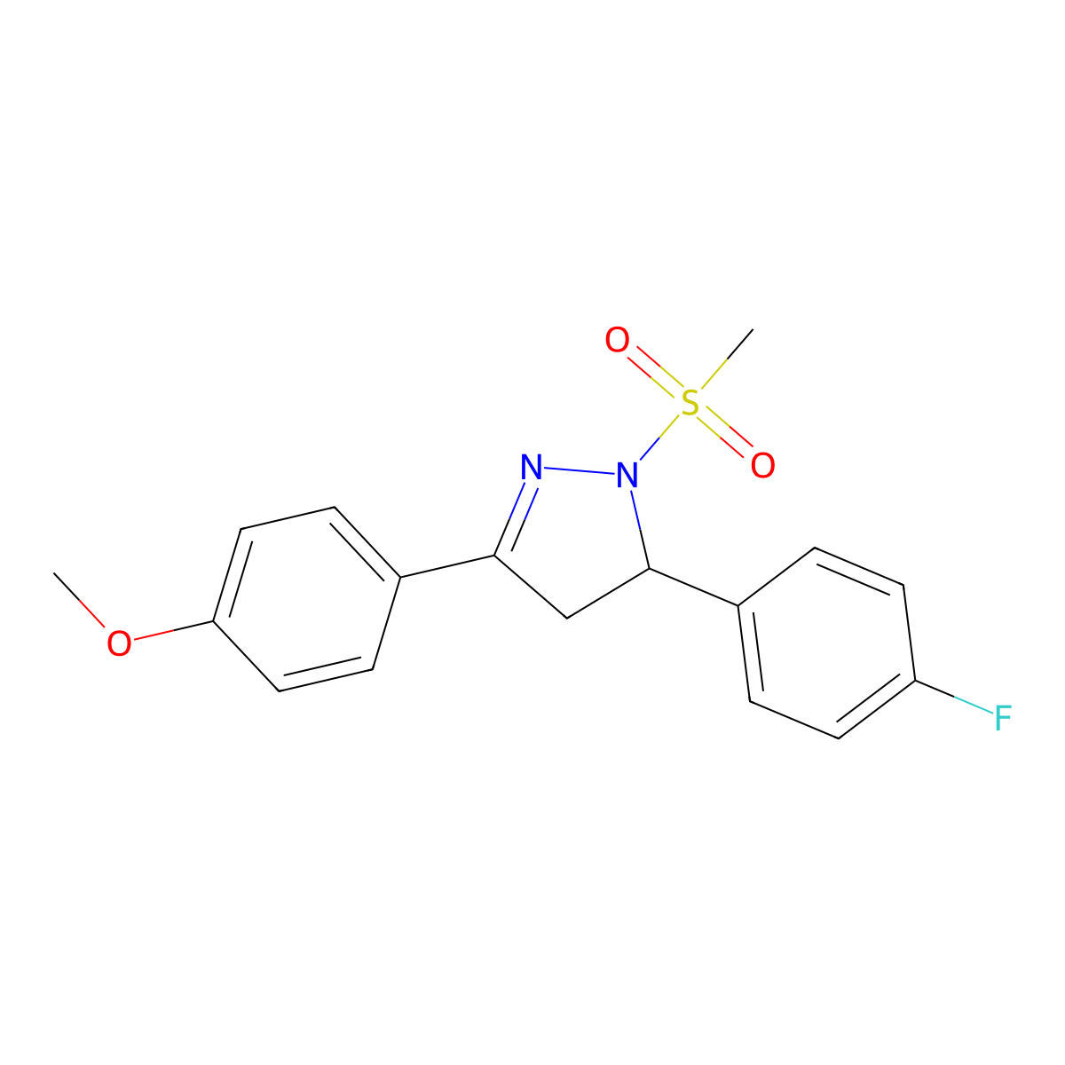 5-(4-fluorophenyl)-3-(4-methoxyphenyl)-1-(methylsulfonyl)-4,5-dihydro-1H-pyrazole molecular structure, CAS 442650-26-2