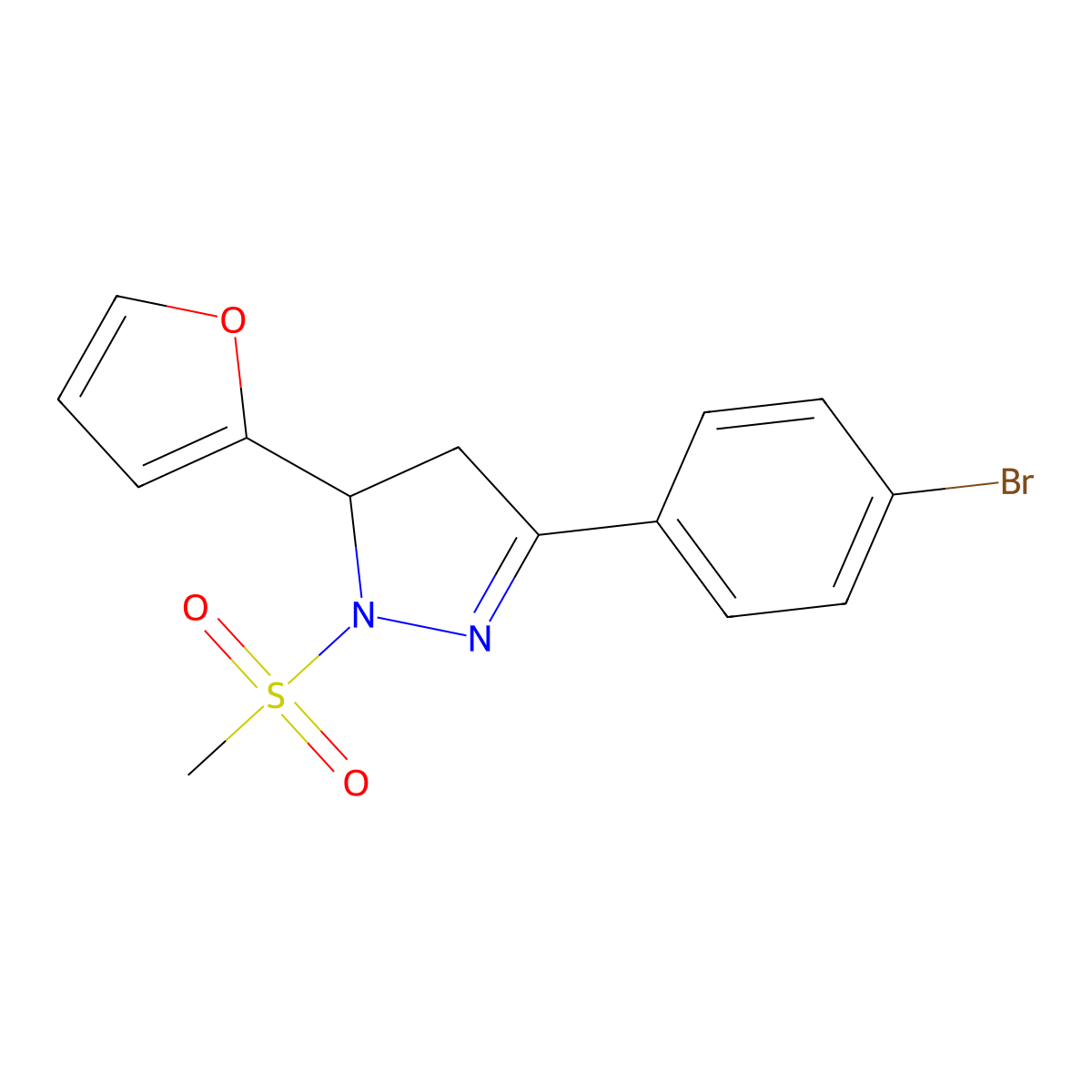 3-(4-bromophenyl)-5-(furan-2-yl)-1-(methylsulfonyl)-4,5-dihydro-1H-pyrazole molecular structure, CAS 442650-28-4