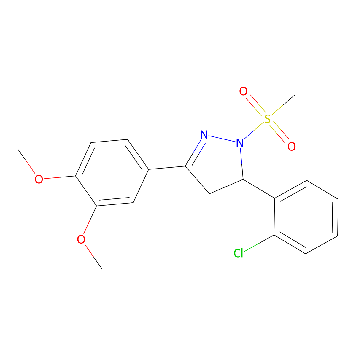 5-(2-chlorophenyl)-3-(3,4-dimethoxyphenyl)-1-(methylsulfonyl)-4,5-dihydro-1H-pyrazole molecular structure, CAS 442650-37-5