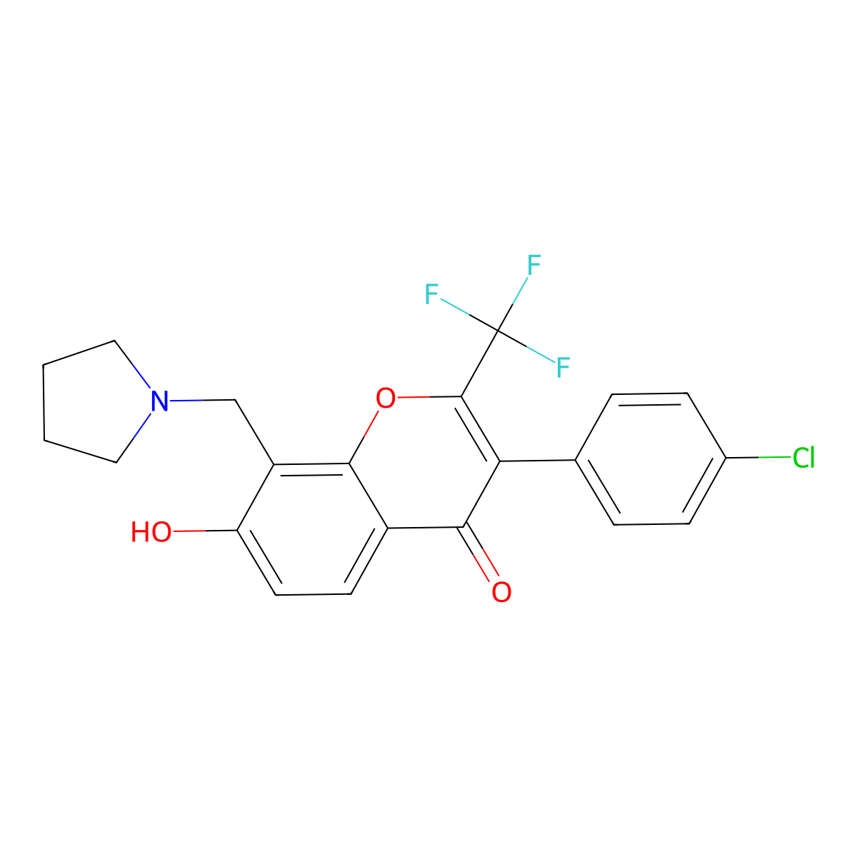 3-(4-chlorophenyl)-7-hydroxy-8-(pyrrolidin-1-ylmethyl)-2-(trifluoromethyl)-4H-chromen-4-one molecular structure, CAS 442651-55-0
