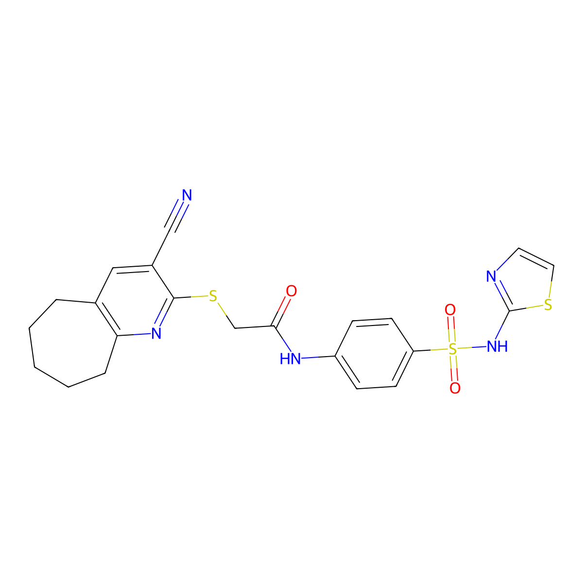 2-[(3-cyano-6,7,8,9-tetrahydro-5H-cyclohepta[b]pyridin-2-yl)sulfanyl]-N-[4-(1,3-thiazol-2-ylsulfamoyl)phenyl]acetamide molecular structure, CAS 442651-79-8