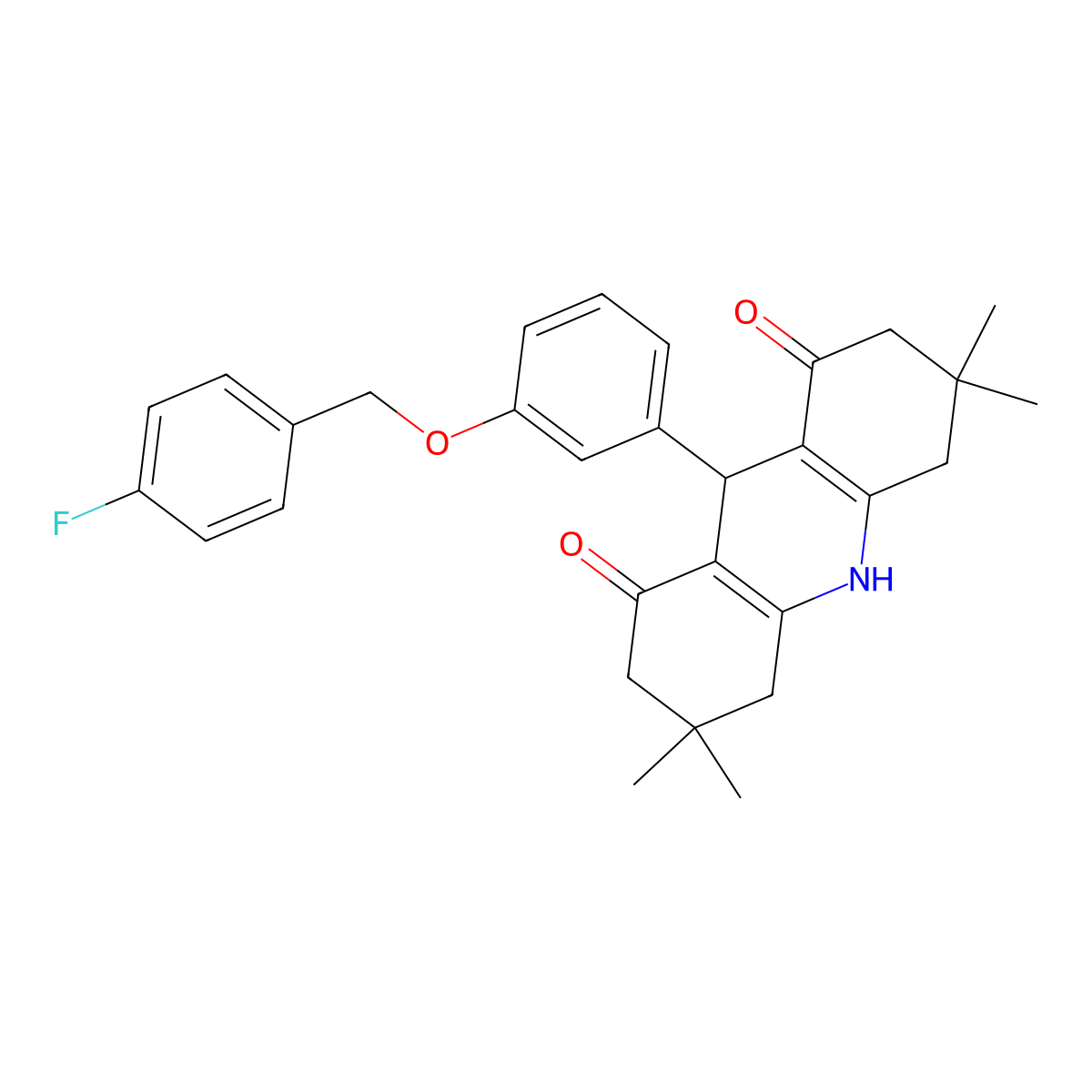 9-(3-((4-Fluorobenzyl)oxy)phenyl)-3,3,6,6-tetramethyl-3,4,6,7,9,10-hexahydro-1,8(2H,5H)-acridinedione molecular structure, CAS 442652-38-2