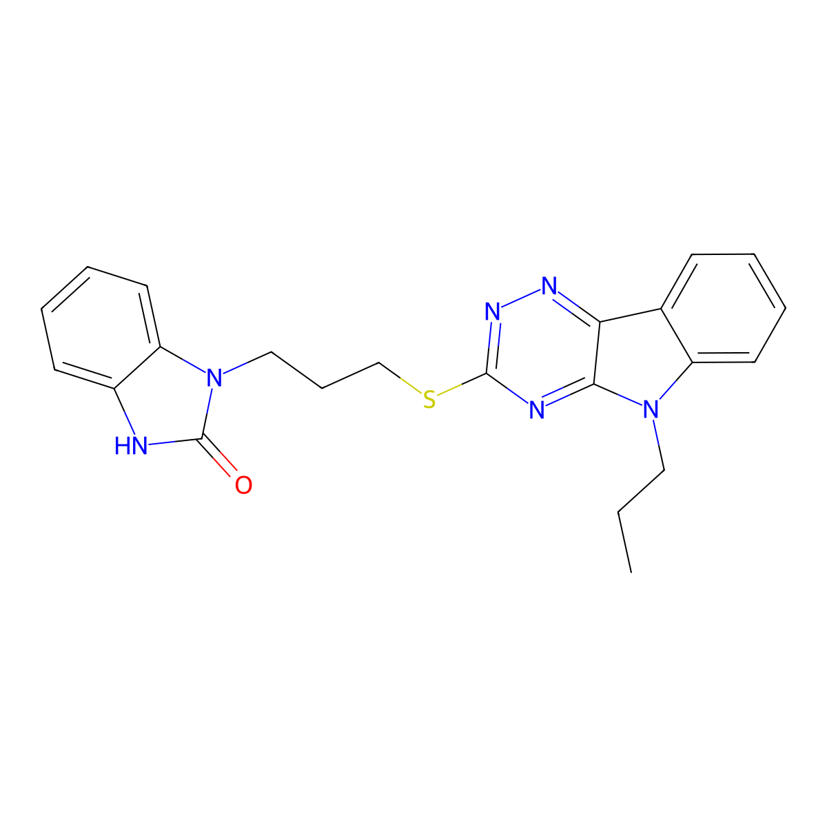 1-{3-[(5-propyl-5H-[1,2,4]triazino[5,6-b]indol-3-yl)sulfanyl]propyl}-1,3-dihydro-2H-benzimidazol-2-one molecular structure, CAS 442653-37-4