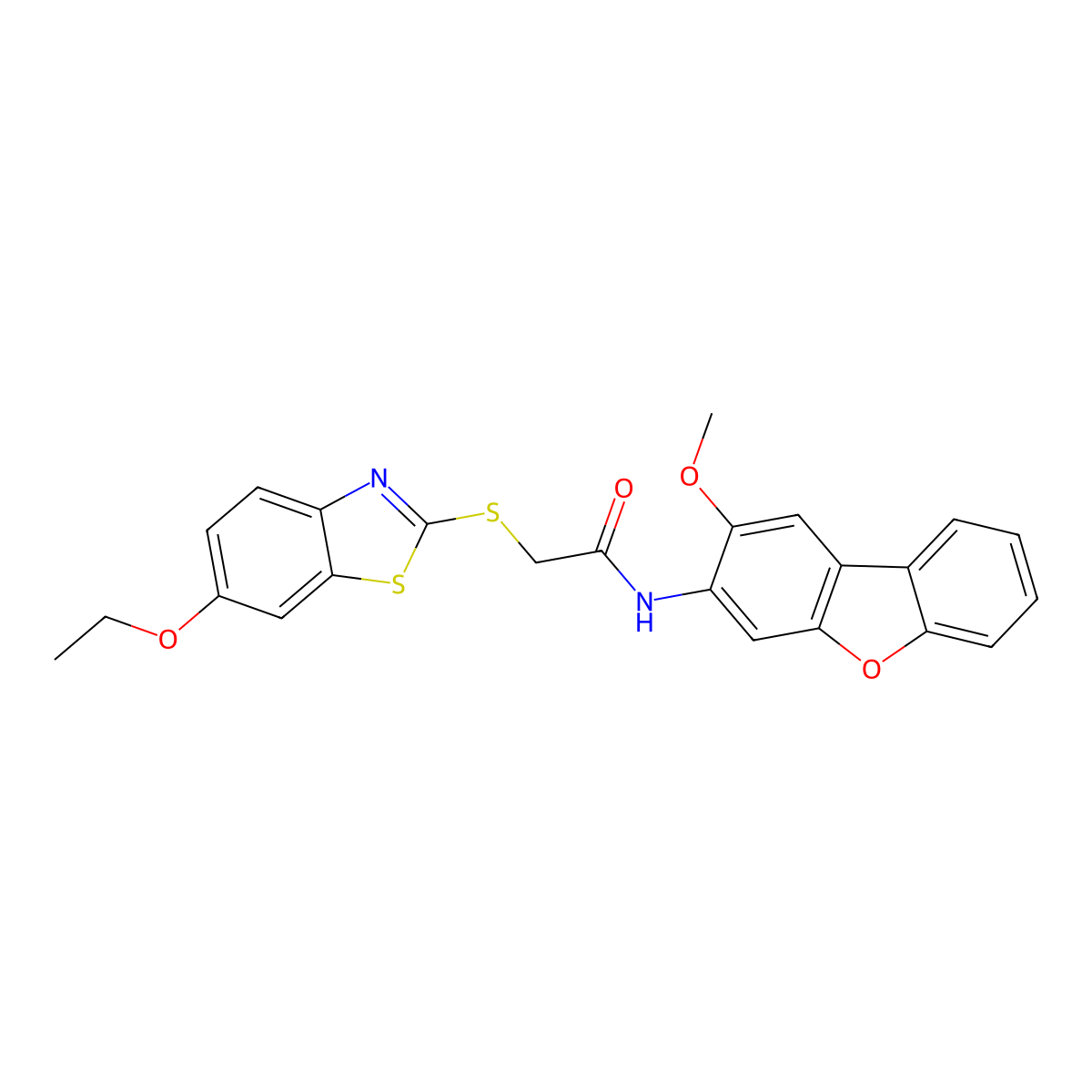 2-[(6-ethoxy-1,3-benzothiazol-2-yl)sulfanyl]-N-(2-methoxydibenzofuran-3-yl)acetamide molecular structure, CAS 442653-72-7