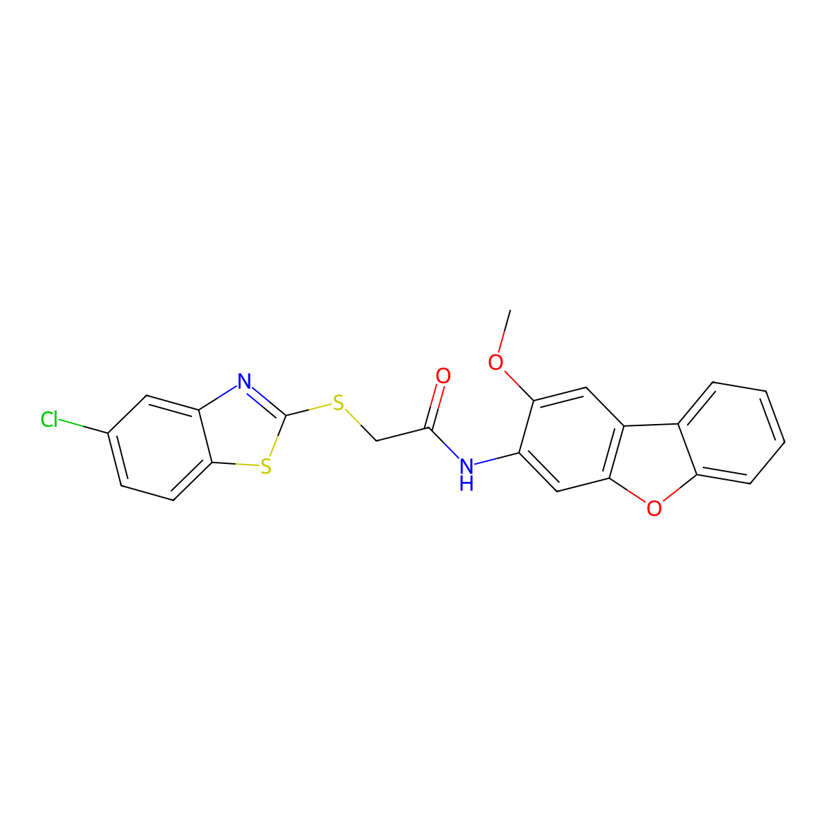 2-[(5-chloro-1,3-benzothiazol-2-yl)sulfanyl]-N-(2-methoxydibenzofuran-3-yl)acetamide molecular structure, CAS 442653-73-8