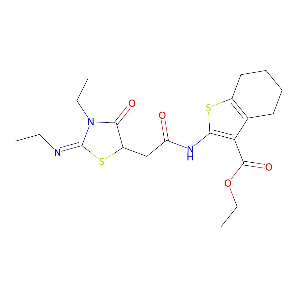(E)-ethyl 2-(2-(3-ethyl-2-(ethylimino)-4-oxothiazolidin-5-yl)acetamido)-4,5,6,7-tetrahydrobenzo[b]thiophene-3-carboxylate molecular structure, CAS 442653-74-9