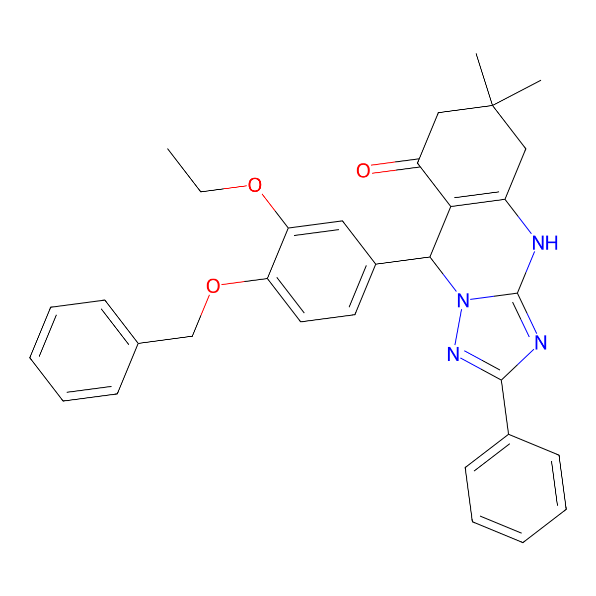 9-(4-(benzyloxy)-3-ethoxyphenyl)-6,6-dimethyl-2-phenyl-5,6,7,9-tetrahydro-[1,2,4]triazolo[5,1-b]quinazolin-8(4H)-one molecular structure, CAS 442653-76-1