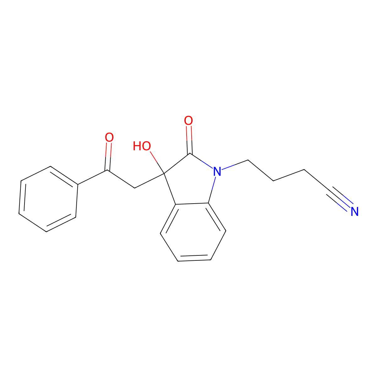 4-[3-hydroxy-2-oxo-3-(2-oxo-2-phenylethyl)-2,3-dihydro-1H-indol-1-yl]butanenitrile molecular structure, CAS 442653-93-2