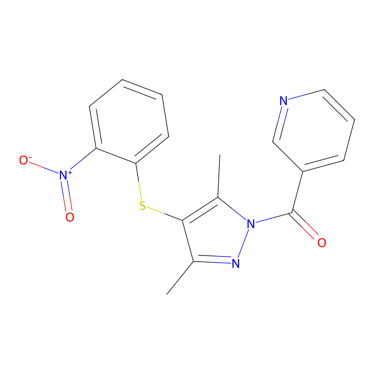 (3,5-dimethyl-4-((2-nitrophenyl)thio)-1H-pyrazol-1-yl)(pyridin-3-yl)methanone molecular structure, CAS 442654-17-3